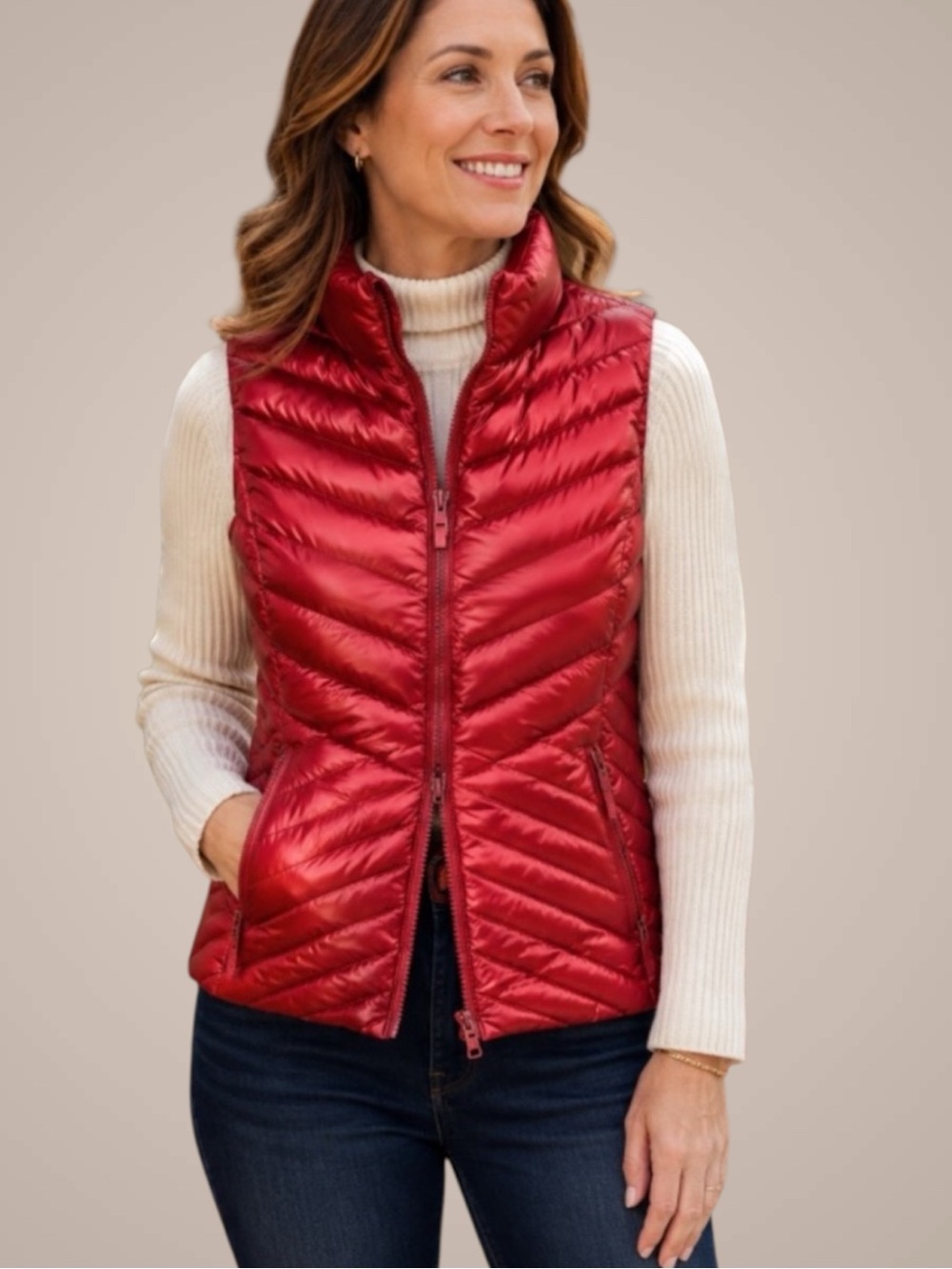 Talbots 90% Down Puffer Vest Medium Red Quilted Glossy Full Zip